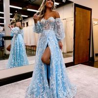 Fashion Sparkly A Line Sweetheart Light Blue Prom Dresses with Slit - Thumbnail 1