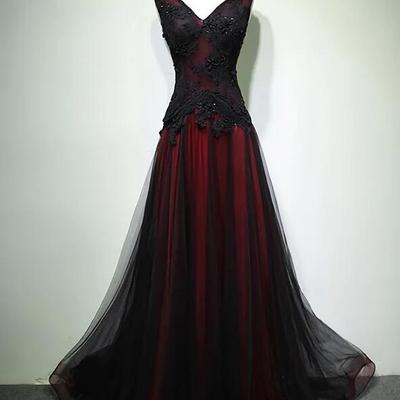 Gorgeous black and red v neck tulle prom dress with beading - Thumbnail 3