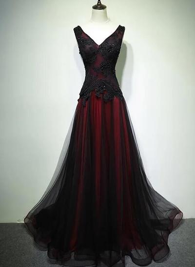 Gorgeous Black And Red V Neck Tulle Prom Dress With Beading