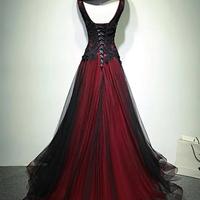 Gorgeous Black And Red V Neck Tulle Prom Dress With Beading - Thumbnail 1