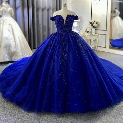 Off shoulder ball gown royal blue long prom dresses