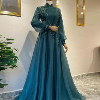 A line high neck green chiffon prom dresses with long sleeves - Thumbnail 3