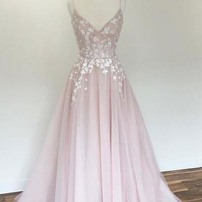 A line light pink v neck tulle prom dresses