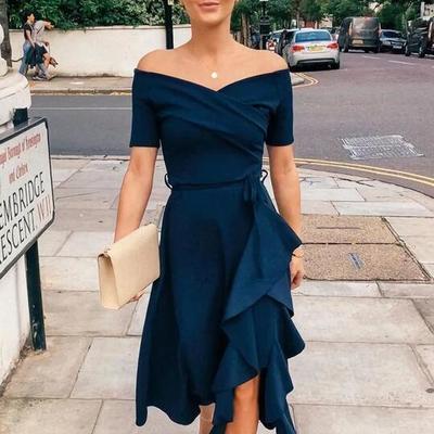 Off shoulder navy blue short prom dress - Thumbnail 2
