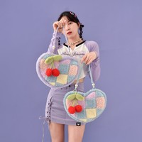 Cherry Cross Stitch Pattern Y2K Rainbow Blue & Purple Pastel Colorful Women Shoulder Messenger Bag - Thumbnail 2