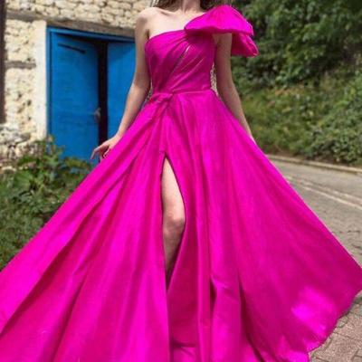 One shoulder fuchsia prom dresses with slit side - Thumbnail 1