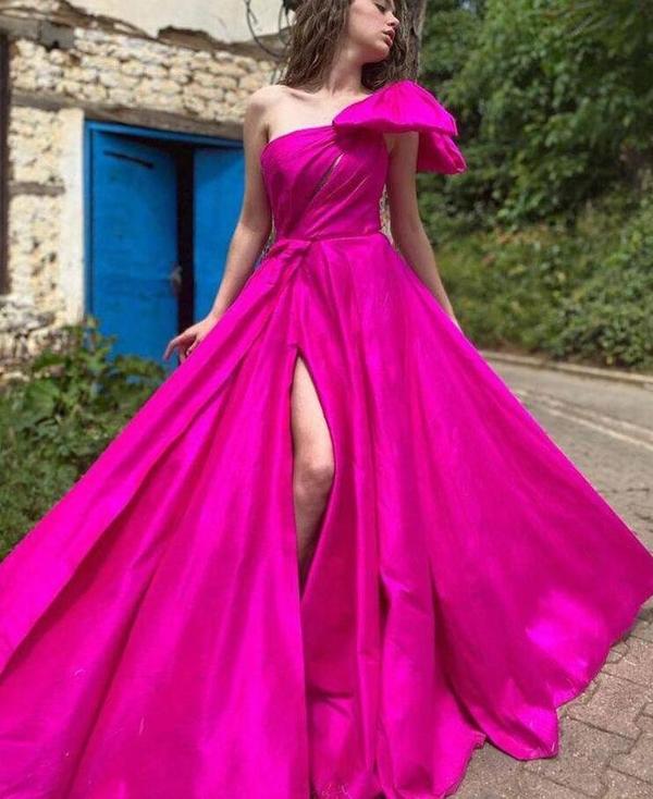 One Shoulder Fuchsia Prom Dresses With Slit Side