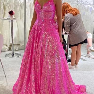 A line fuchsia criss cross back sequin prom dresses  - Thumbnail 2