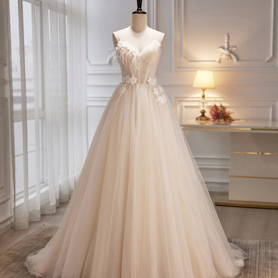 Champagne v-neck tulle long prom dress, a-line evening party dress - Thumbnail 1