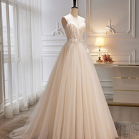 Champagne V-Neck Tulle Long Prom Dress, A-Line Evening Party Dress - Thumbnail 2