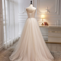 Champagne V-Neck Tulle Long Prom Dress, A-Line Evening Party Dress - Thumbnail 3