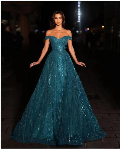 Sparkly Blue A-line Prom Dresses Sleeveless V Neck Off Shoulder Appliques Shiny Sequins Beaded Floor Length Celebrity Formal Evening Dresses