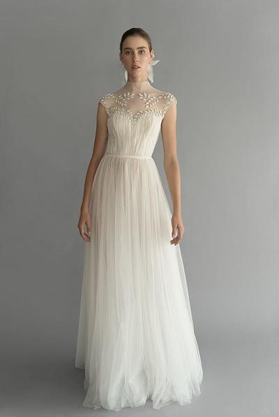 Simple A Line Chana Marelus Wedding Dresses High Neck Sleeveless Tulle Lace Applique Sash Wedding Gowns Floor Length robe de mariée