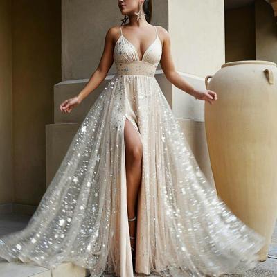 Beach bling bling champagne wedding dresses spaghetti straps a line bridal gowns
