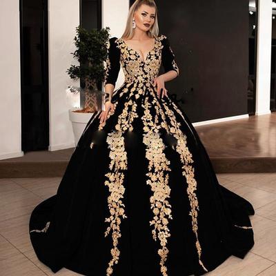 Newest ball gown prom dresse 1/2 long sleeve v neck applique party dress sweep train robes de soirée