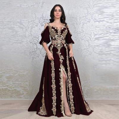 Luxury Burgundy Mermaid Moroccan Kaftan Formal Evening Dresses Half Sleeves Sexy Slit Front 