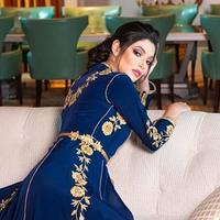 Chic Moroccan Caftan Blue Evening Dresses Long Sleeves Embroidery Lace Floral Appliques Muslim Evening Dress Kaftan - Thumbnail 1