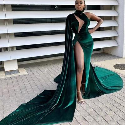 Sexy high side split fiesta new style green velvet sleeves prom dresses - Thumbnail 1
