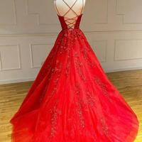Spaghetti straps elegant a line prom dress with lace - Thumbnail 1
