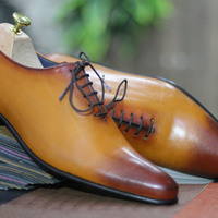 Hand Painted Two Tone Leather Shoes, Pointed Toe Whole Cut Lace UP Shoes For Men - Thumbnail 1