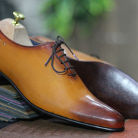 Hand Painted Two Tone Leather Shoes, Pointed Toe Whole Cut Lace UP Shoes For Men - Thumbnail 2