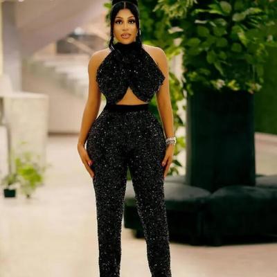  black jumpsuits prom dresses backless gillter sequined lace evening engagement occasion gown pant suit