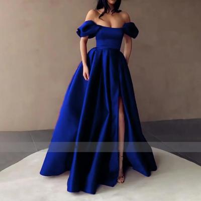 Royal blue satin prom dresses strapless off the shoulder split evening dresses pleated a-line long formal gowns