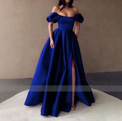 Royal Blue Satin Prom Dresses Strapless Off the Shoulder Split Evening Dresses Pleated A-Line Long Formal Gowns