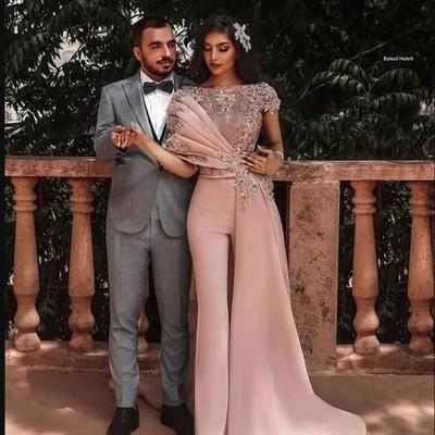 Dusty pink women jumspuits evening dresses arabic style short sleeves lace applique beaded peplum lady pantsuit