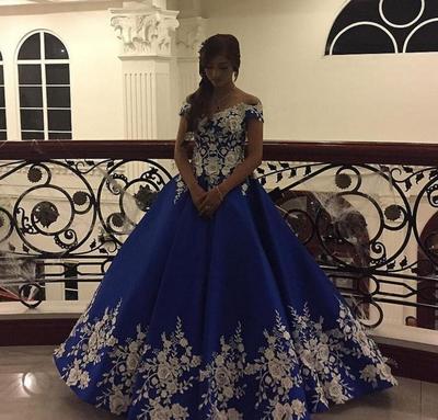 Princess Blue Prom Dresses Arabic Off Shoulder Evening Dresses Turkey With Applique Flowers Elegant Fomral Party Gown 