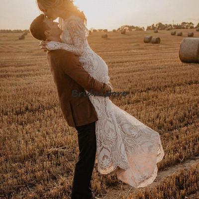 Romantic Lace Boho Wedding Dress Elegant Plus Size Long Sleeve Mermaid Bohemian Bridal Dress Civil Country Bride Party Gown