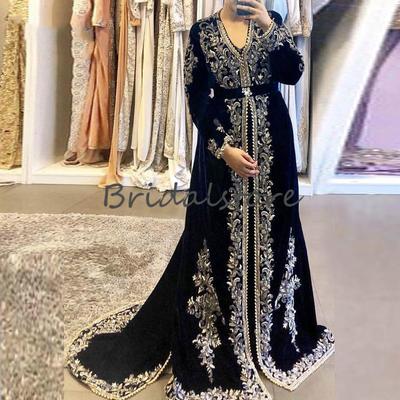 Sparkly Moroccan Evening Dresses With Appliques Elegant Long Sleeve Muslim Arabic Formal Special Occasion Prom Dresses