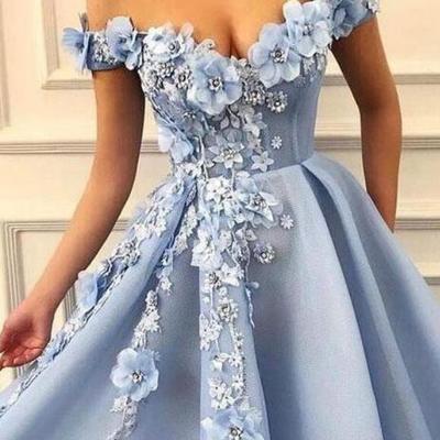 Gorgeous baby blue prom dresses a line off shoulder full length long formal evening dresses with beaded flowers