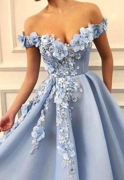 Gorgeous Baby Blue Prom Dresses A Line Off Shoulder Full Length Long Formal Evening Dresses With Beaded Flowers