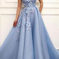 Gorgeous Baby Blue Prom Dresses A Line Off Shoulder Full Length Long Formal Evening Dresses With Beaded Flowers - Thumbnail 1