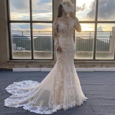 Chic lace mermaid boho wedding dress long sleeve backless bohemian wedding gowns trumpet train garden country bridal dresses women robe de mariée