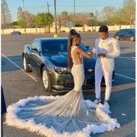 Sparkly Silver Crystal Mermaid Prom Dresses Beaded Sequined Black Girls Evening Dress With Feather Sleeveless Party Gowns  - Thumbnail 2