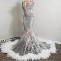 Sparkly Silver Crystal Mermaid Prom Dresses Beaded Sequined Black Girls Evening Dress With Feather Sleeveless Party Gowns  - Thumbnail 1