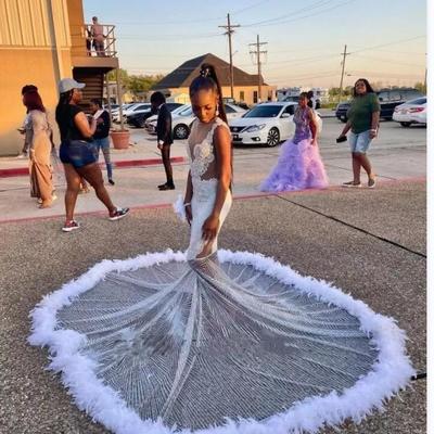 Sparkly silver crystal mermaid prom dresses beaded sequined black girls evening dress with feather sleeveless party gowns 