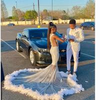 Sparkly Silver Crystal Mermaid Prom Dresses Beaded Sequined Black Girls Evening Dress With Feather Sleeveless Party Gowns  - Thumbnail 3