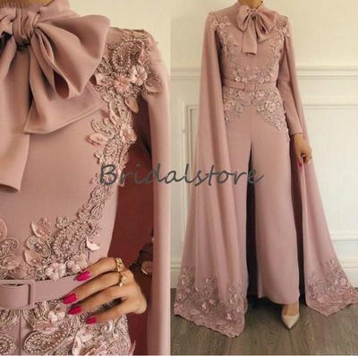 Blush Pink Dubai Abaya Evening Dresses High Neck Kaftan Muslim Prom Jumpsuit Dresses Evening Wear With Beaded Long Sleeve Formal Cape