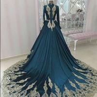 Real Green Muslim Evening Dresses High Neck Long Sleeve Prom Dresses Princess Appliques Formal Party Gowns Sweep Train kaftan moroccan Dress - Thumbnail 1