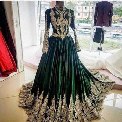 Real green muslim evening dresses high neck long sleeve prom dresses princess appliques formal party gowns sweep train kaftan moroccan dress