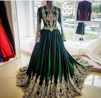 Real Green Muslim Evening Dresses High Neck Long Sleeve Prom Dresses Princess Appliques Formal Party Gowns Sweep Train kaftan moroccan Dress