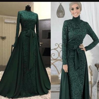 Elegant dark green muslim evening dresses detachable train formal dress high neck long sleeve prom dress full lace arabic evening gowns