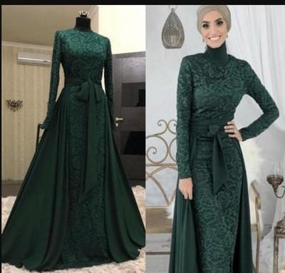 Elegant Dark Green Muslim Evening Dresses Detachable Train Formal Dress High Neck Long Sleeve Prom Dress Full Lace Arabic Evening Gowns