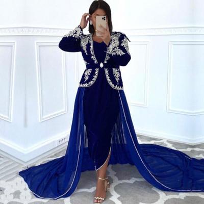 Chic women blue evening dresses long sleeve velvet dubai abaya party gown kaftan moroccan mariage lace karakou algerien foral prom dress