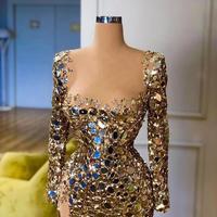 Gold Sexy Mermaid Evening Dresses long sleeve High Split Sequined diamonds Plus Size Prom engagement Pageant gown Vestidos De Fiesta - Thumbnail 1