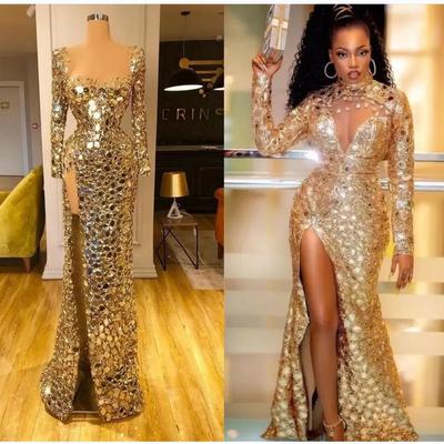 Gold sexy mermaid evening dresses long sleeve high split sequined diamonds plus size prom engagement pageant gown vestidos de fiesta