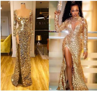 Gold Sexy Mermaid Evening Dresses long sleeve High Split Sequined diamonds Plus Size Prom engagement Pageant gown Vestidos De Fiesta